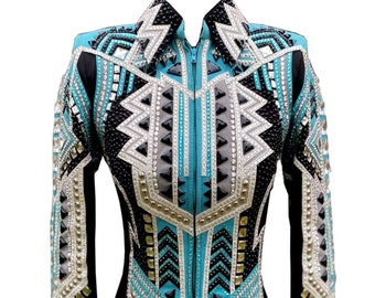 Camisa y chaqueta de riel para mujer con diseño de reina del rodeo personalizado del oeste, exhibición, equitación, exhibición de placer occidental.