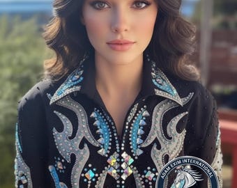 Camisa y chaqueta de riel para mujer con diseño de reina del rodeo personalizado del oeste, exhibición, equitación, exhibición de placer occidental.