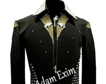 May include: Black long-sleeve shirt with a gold and silver beaded design. The shirt has a zipper closure and the text "Adam Exim" is printed on the front.