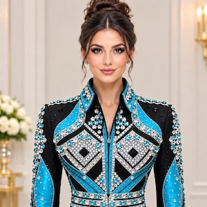 May include: A black fitted jacket featuring a high collar and a front zipper closure. The garment is decorated with bright blue panels and intricate geometric patterns outlined in clear, sparkling crystals and small black studs throughout.