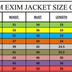 K&ouml;nnte beinhalten: Eine Gr&ouml;&szlig;entabelle f&uuml;r Jacken mit Ma&szlig;en in Zoll f&uuml;r H&uuml;fte, Taille, Brust, L&auml;nge, Arme und Schulter. Die Tabelle umfasst die Gr&ouml;&szlig;en XS bis 4XL.