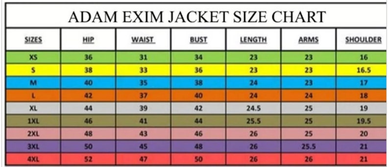 K&ouml;nnte beinhalten: Eine Gr&ouml;&szlig;entabelle f&uuml;r Jacken mit Ma&szlig;en in Zoll f&uuml;r H&uuml;fte, Taille, Brust, L&auml;nge, Arme und Schulter. Die Tabelle umfasst die Gr&ouml;&szlig;en XS bis 4XL.