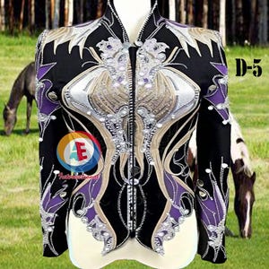 May include: A black show jacket with purple and silver embroidery and rhinestones. The jacket has a zipper closure and long sleeves. The text "D-5" is visible in the upper right corner of the image.