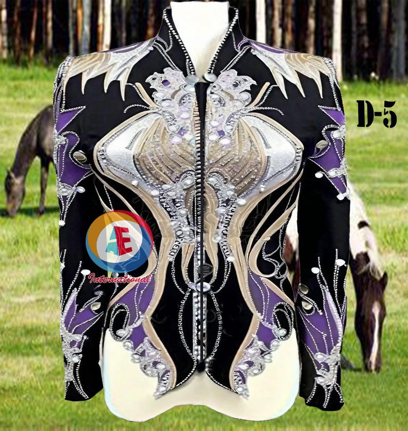 May include: A black show jacket with purple and silver embroidery and rhinestones. The jacket has a zipper closure and long sleeves. The text "D-5" is visible in the upper right corner of the image.