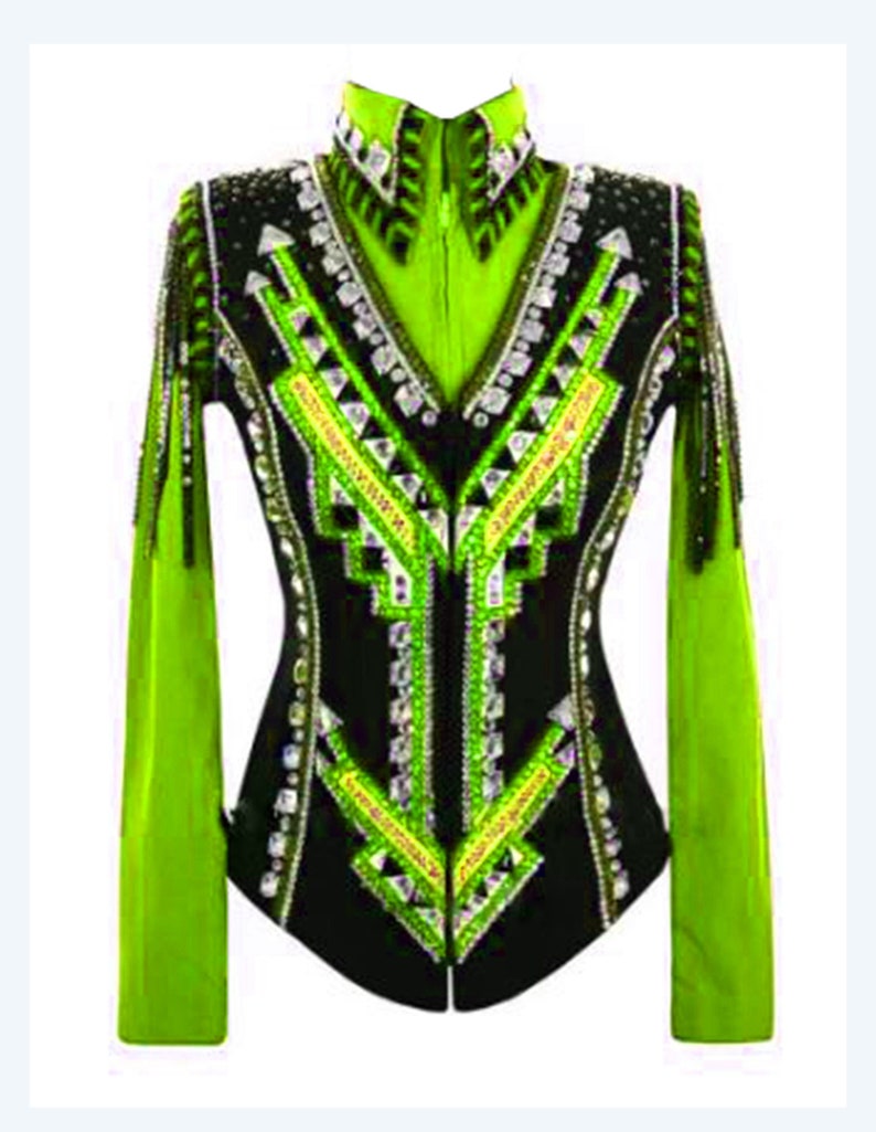 May include: A black and green show shirt with a geometric design and rhinestones. The shirt has a high collar and long sleeves.