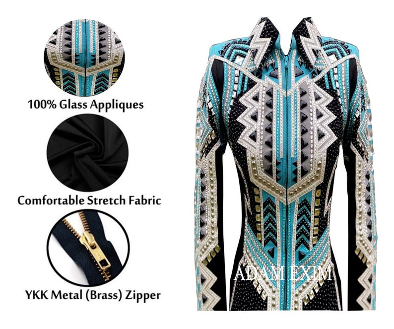 May include: A black show jacket with a turquoise, white, and black geometric pattern. The jacket has a zipper closure and is embellished with rhinestones and glass appliques. The jacket is made of a stretch fabric and has a YKK metal zipper.