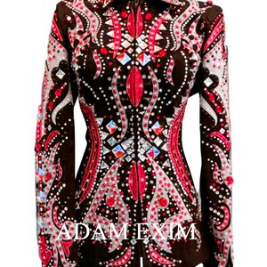 May include: A black show jacket with a red and white design. The jacket is embellished with rhinestones and crystals.