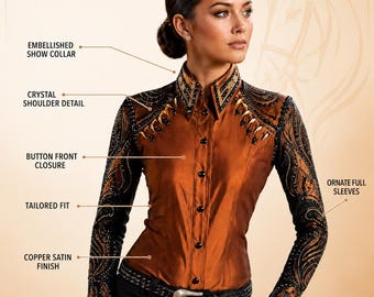 Koperbruin western showshirt met strasssteentjes, versierde top voor paardensportshows, chemise Équitation Strass, showmanship-skjorte