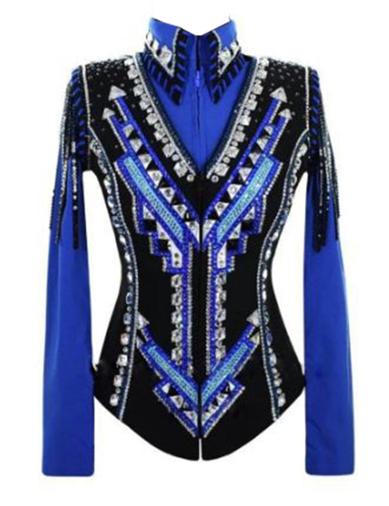 May include: A black and royal blue show shirt with a geometric design and rhinestones.
