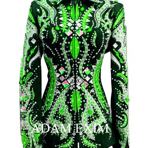 May include: A green and white show jacket with a zipper closure and rhinestone embellishments. The jacket features a unique design with a floral pattern and geometric shapes. The text "ADAM EXIM" is visible on the front of the jacket.