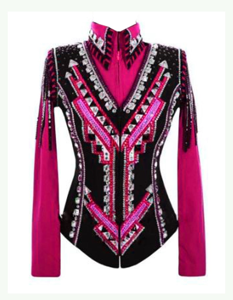 May include: A black and pink show jacket with a geometric design and rhinestones. The jacket has a zipper closure and long sleeves.