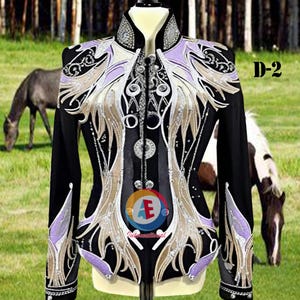 May include: Black show jacket with silver and gold embroidery, featuring a purple and white design. The jacket has a high collar and a button closure. The text "D-2" is visible in the upper right corner of the image.