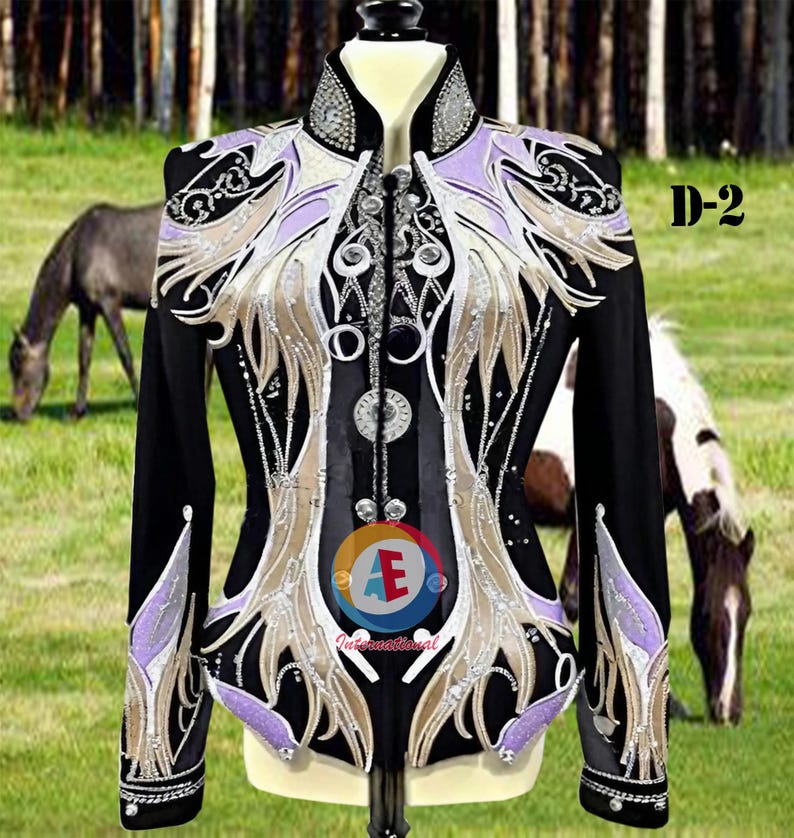 May include: Black show jacket with silver and gold embroidery, featuring a purple and white design. The jacket has a high collar and a button closure. The text "D-2" is visible in the upper right corner of the image.