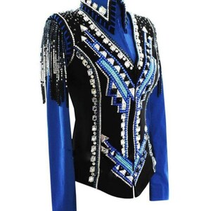 May include: A black show jacket with a blue collar and sleeves. The jacket is decorated with rhinestones and geometric patterns in black, white, and blue.