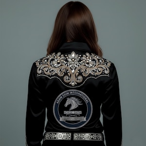 Op de afbeelding: Zwart satijnen paardenshowshirt met ingewikkelde zilver- en gouden borduursels op de rug en schouders. Voorzien van een decoratieve zilveren riem en een logo met de tekst "Adam Exim International Horse Show".