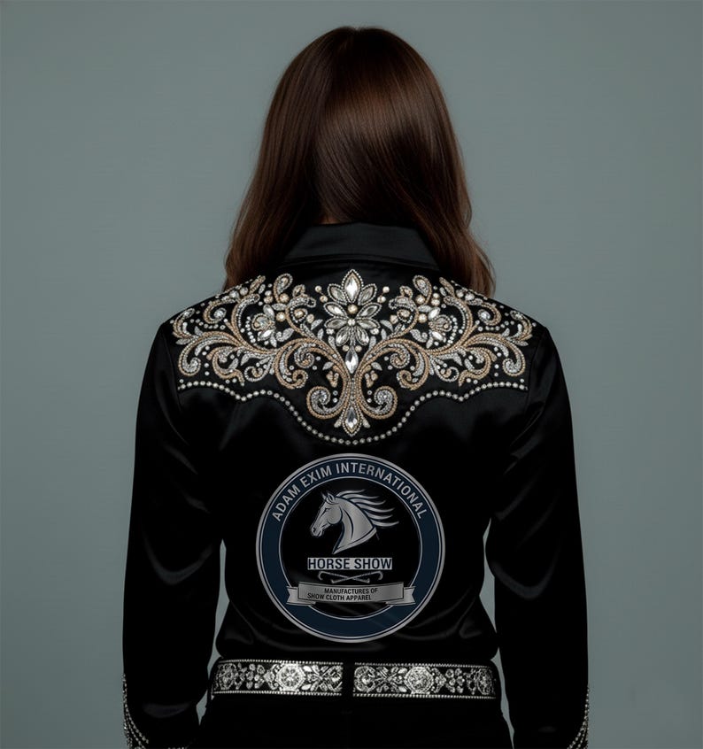 Op de afbeelding: Zwart satijnen paardenshowshirt met ingewikkelde zilver- en gouden borduursels op de rug en schouders. Voorzien van een decoratieve zilveren riem en een logo met de tekst "Adam Exim International Horse Show".
