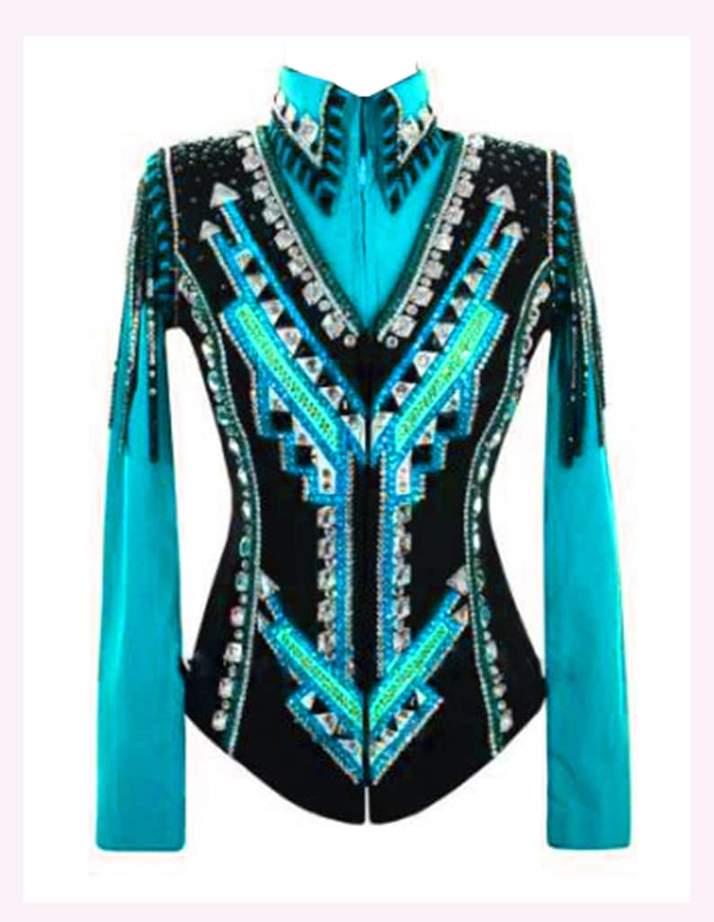 May include: A black and turquoise show jacket with a geometric design and rhinestones.