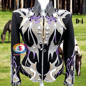 May include: Black show jacket with silver and white embroidery, purple accents, and rhinestones. The jacket has a zipper closure and long sleeves. D-4