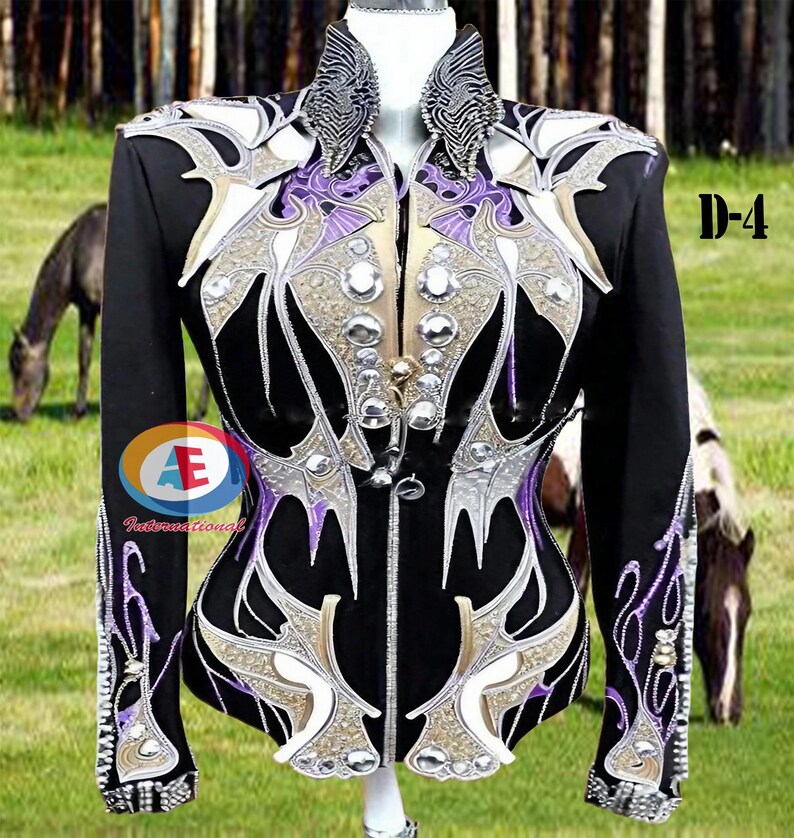 May include: Black show jacket with silver and white embroidery, purple accents, and rhinestones. The jacket has a zipper closure and long sleeves. D-4