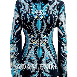 May include: A black show jacket with a teal and silver design. The jacket is embellished with rhinestones and has a zipper closure. The text "ADAM EXIM" is visible on the front of the jacket.