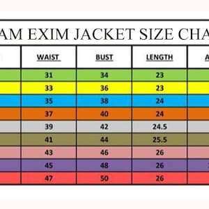 Pode incluir: Uma tabela de tamanhos para jaquetas com medidas em polegadas para o quadril, a cintura, o busto, o comprimento, os bra&ccedil;os e os ombros. A tabela inclui os tamanhos XS a 4XL.