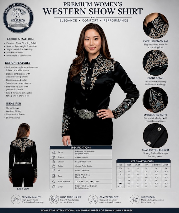 Equestrian Glamour: Black Showmanship Shirt with Crystal Embellishments - Western Pleasure & Rodeo Queen Attire