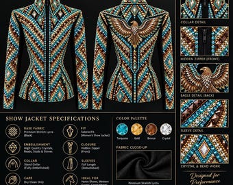 Women’s Western Show Jacket, Black Turquoise Crystal Equestrian Jacket, Rhinestone Horse Show Coat, Custom Competition Jacket