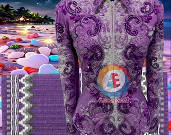 May include: A purple showmanship jacket with intricate beadwork, sequins, and crystals, featuring a high collar and front zipper. Below it is a matching purple show pad with white and grey geometric patterns. Text reads Showmanship Jacket With Show Pad.