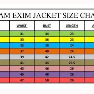 May include: A size chart for jackets with measurements in inches for hip, waist, bust, length, arms, and shoulder. The chart includes sizes XS to 4XL.