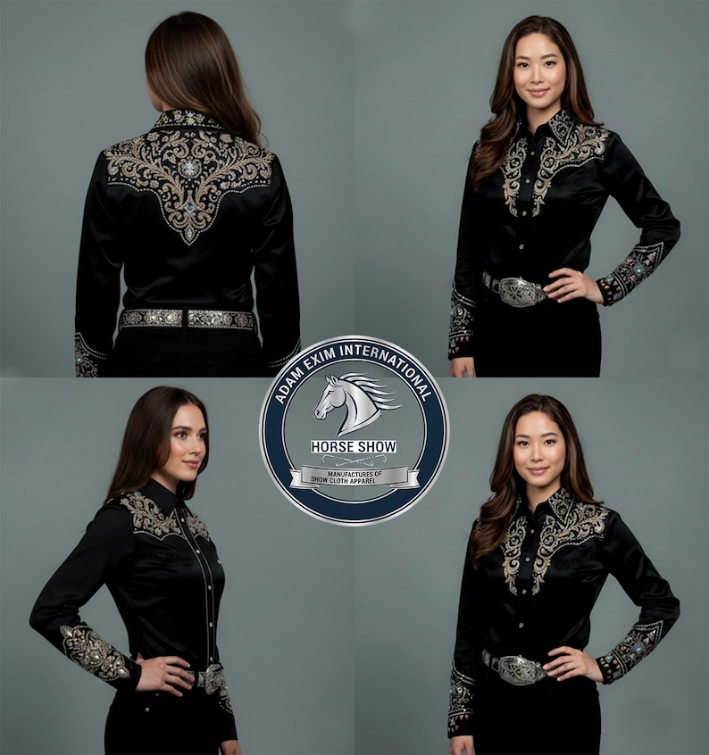 Op de afbeelding: Zwart shirt met lange mouwen en gedetailleerde borduursels op de kraag, manchetten en rug. Het shirt heeft een zilveren riem en gesp. De afbeelding bevat de tekst "ADAM EXIM INTERNATIONAL HORSE SHOW".