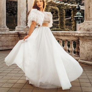 Jurk met tule mouwen Couture trouwjurk naaien bruid schaking jurk boho bruidsjurk unieke bruids douchejurk | Hanna's droom