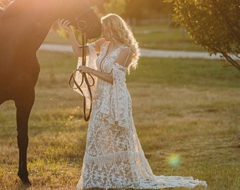 Unique lace Wedding dress, V neck boho wedding dress, Plus size celestial lace wedding dress, Bohemian bridal gown, Open back bell sleeve