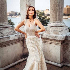 Unique Ruffle Skirt Wedding Dress Boho Layered Skirt Bridal Gown Bohemian White Wedding Dress Woodland Bridal Dress With Train | Verona