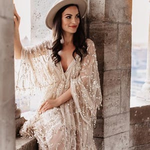 Boho Sparkly Gold Bridal Gown for Photoshoot | Sequin Wedding Dress | Bohemian Bridal Gown Bloom | Boho Girl Wedding Gown | Gold Aesthetics