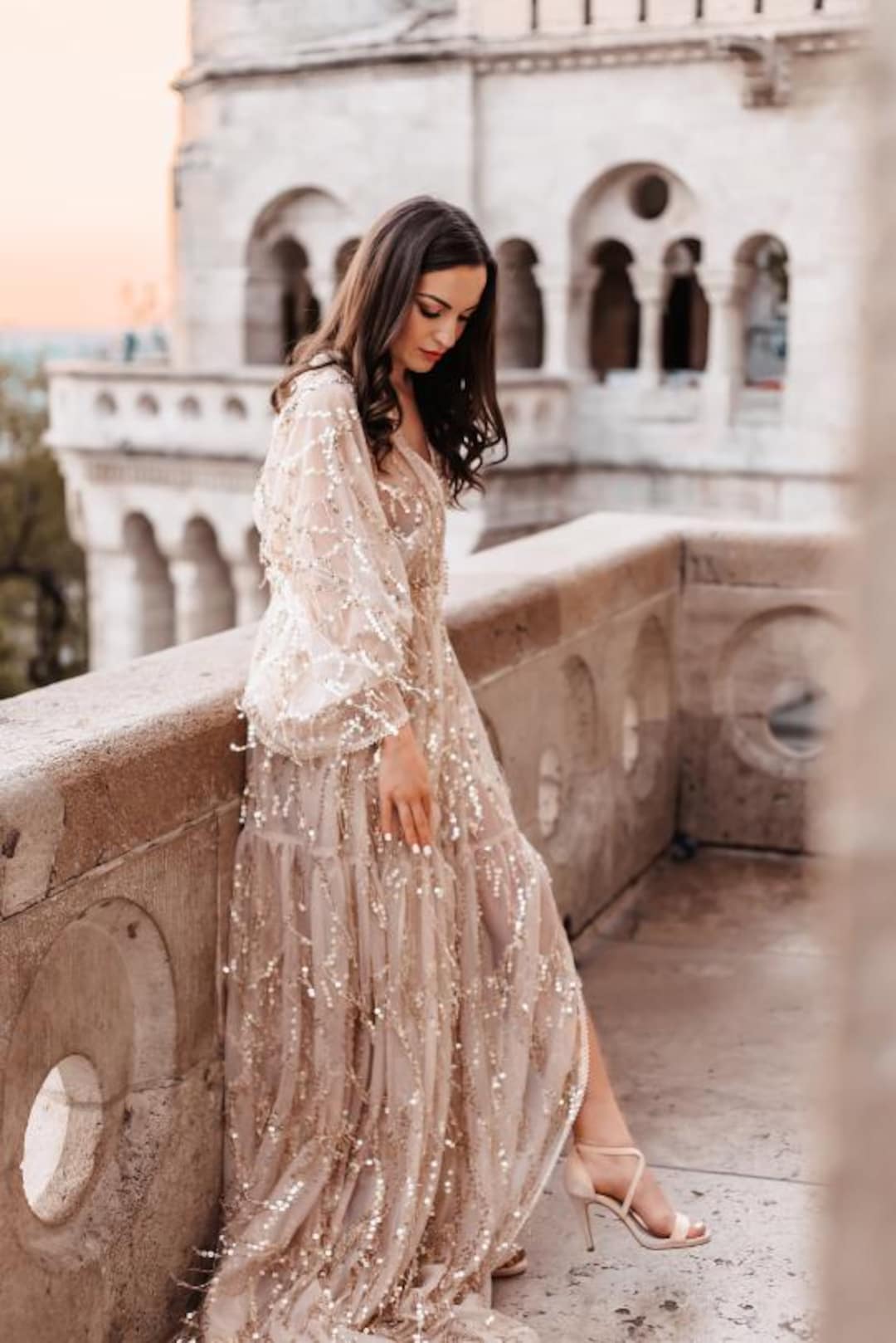 Boho Sparkly Gold Bridal Gown for Photoshoot | Sequin Wedding Dress |  Bohemian Bridal Gown Bloom | Boho Girl Wedding Gown | Gold Aesthetics - Etsy