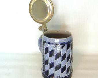 Vintage Marzi & Remy Cobalt Blue Stein Diamond Pattern Pewter Lid 1/2 Liter NMt