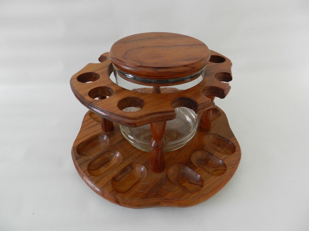 Vintage Decatur Smoking Pipe Rack Holds 12 ~ Walnut W/glass Humidor ...