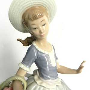 May include: A porcelain figurine of a young girl wearing a white hat and a blue dress with a white collar. She is holding a basket of pink flowers. The figurine has a glossy finish and is set against a white background.