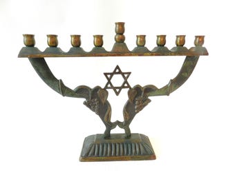 Menorah Vintage Jewish Hanukkah Solid Brass Menorah Made in Israel