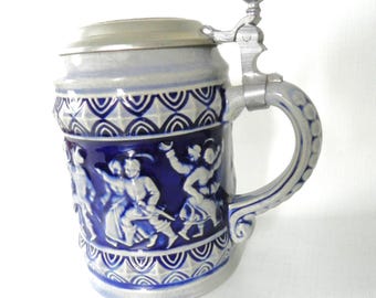 Vintage MARZI & REMY Beer Stein Cobalt Blue and Grey Stoneware Dancers Relief