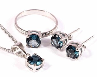 100% Natural London Blue Topaz Silver Jewellery Set, Handmade Jewelry, Topaz Jewelry 4 Pieces Set, 925 Sterling Silver Ring Earring Pendant