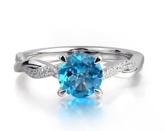 Swiss Blue Topaz jewellery Ring, Engagement Ring, Wedding Ring, 925 Sterling silver Ring, Handmade Ring, 7 MM round cut Ring, Gift For Her,