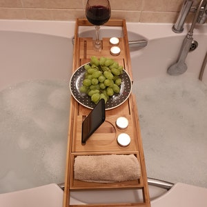 Bamboo Bath Caddy Tray Set Extendable Foldable Back Stand For iPad/Book Phone, Candles, Wine Glass Holder Suitable For Most UK Baths image 9
