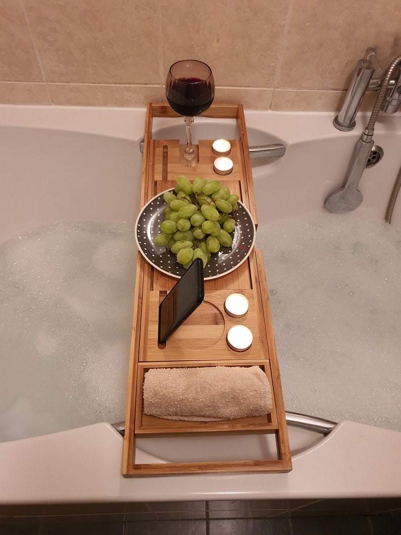 Bamboo Bath Caddy Tray Set Extendable Foldable Back Stand For iPad/Book Phone, Candles, Wine Glass Holder Suitable For Most UK Baths image 9