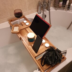 Bamboo Bath Caddy Tray Set Extendable Foldable Back Stand For iPad/Book Phone, Candles, Wine Glass Holder Suitable For Most UK Baths image 7