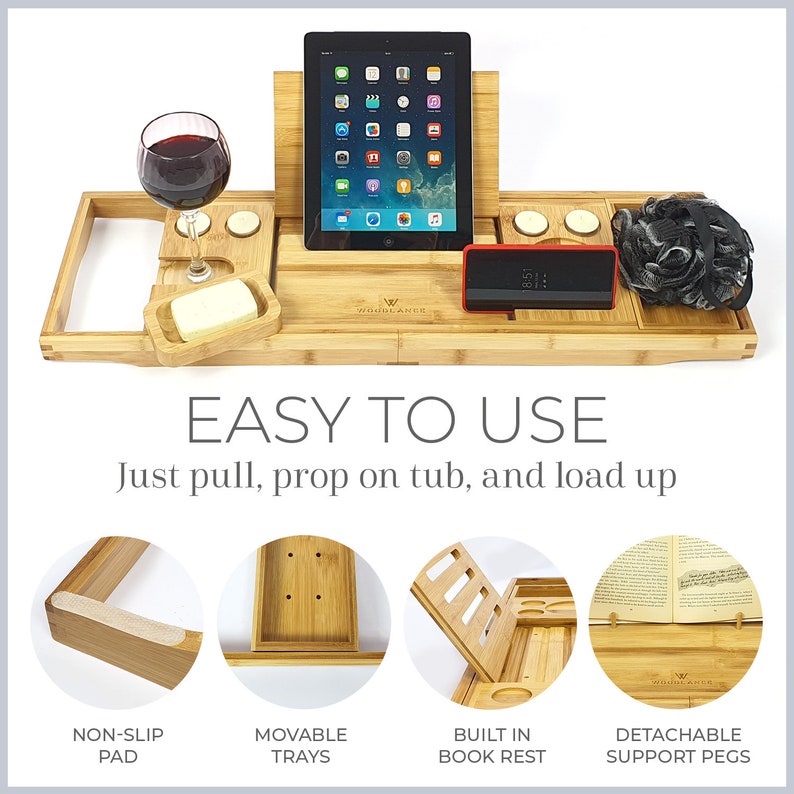 Bamboo Bath Caddy Tray Set Extendable Foldable Back Stand For iPad/Book Phone, Candles, Wine Glass Holder Suitable For Most UK Baths image 2