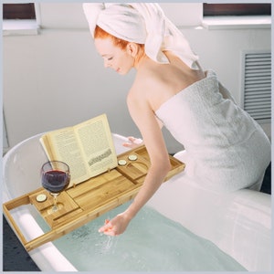 Bamboo Bath Caddy Tray Set Extendable Foldable Back Stand For iPad/Book Phone, Candles, Wine Glass Holder Suitable For Most UK Baths image 6