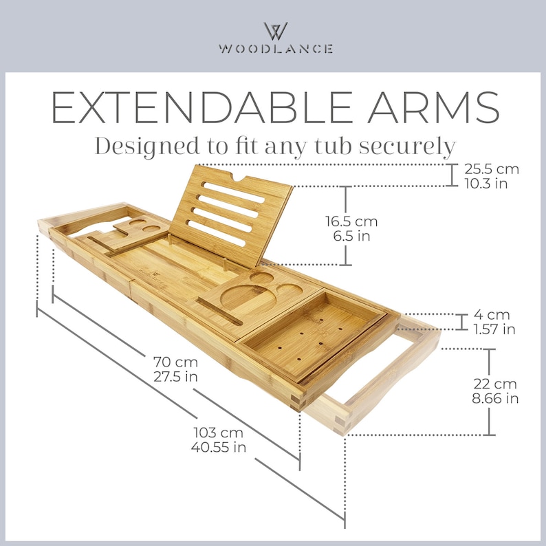 Bamboo Bath Caddy Tray Set Extendable Foldable Back Stand For iPad/Book Phone, Candles, Wine Glass Holder Suitable For Most UK Baths image 4