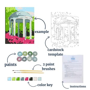 Puede incluir: Kit de pintura por n&uacute;meros con una ilustraci&oacute;n detallada de un cenador blanco con techo abovedado. El kit incluye ocho botes de pintura, dos pinceles, una clave de colores e instrucciones.