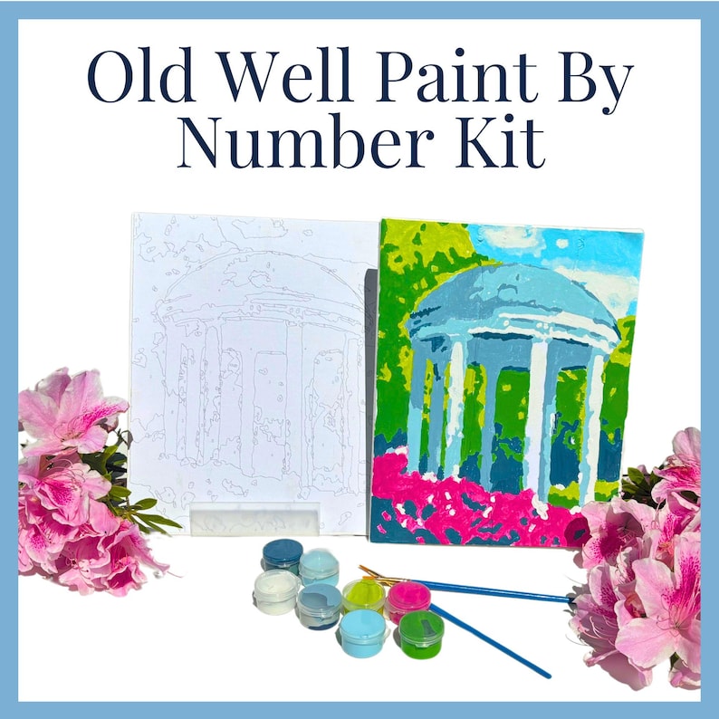 Puede incluir: Kit de pintura por n&uacute;meros con una representaci&oacute;n del Pozo Viejo de la Universidad de Carolina del Norte en Chapel Hill. El kit incluye un lienzo, pinturas y pinceles.